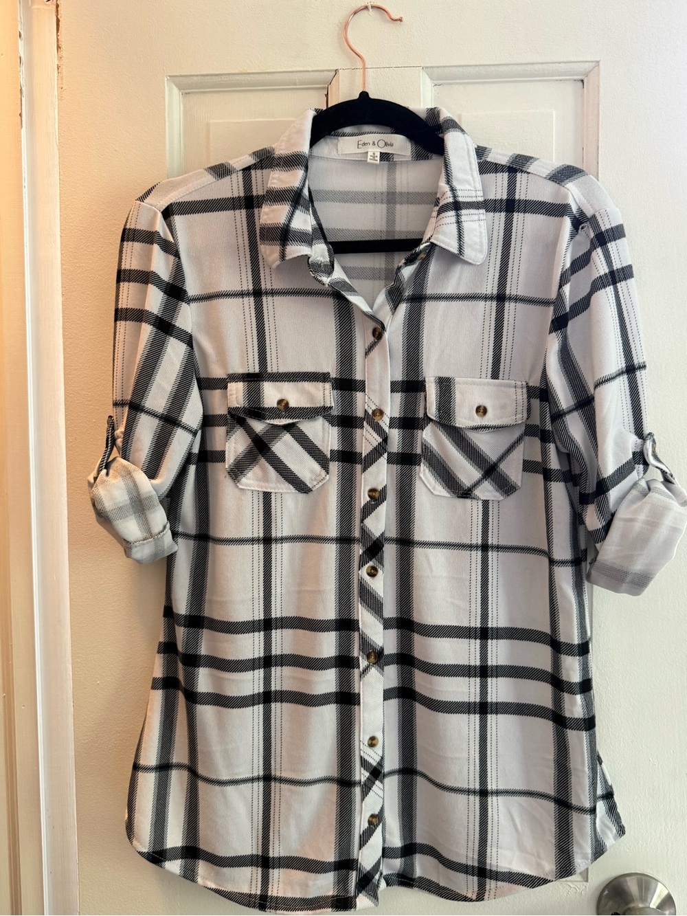 Eden & Olivia White and Black Plaid Roll-Tab Shirt